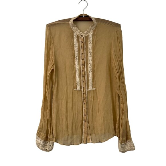 Elie Tahari Beige Silk Chiffon Lace Trim Sheer Long Sleeve Blouse Size Medium - Picture 1 of 6